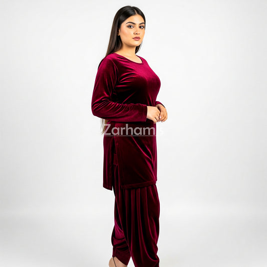 Handmade Velvet Maroon Sleeveless Kameez Shalwar Suit
