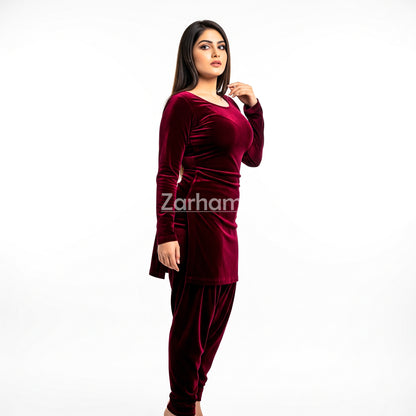 Handmade Velvet Maroon Sleeveless Kameez Shalwar Suit