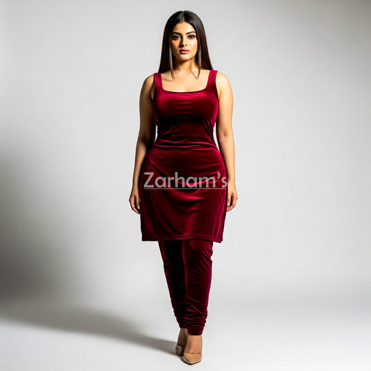 Handmade Velvet Maroon Sleeveless Kameez Shalwar Suit