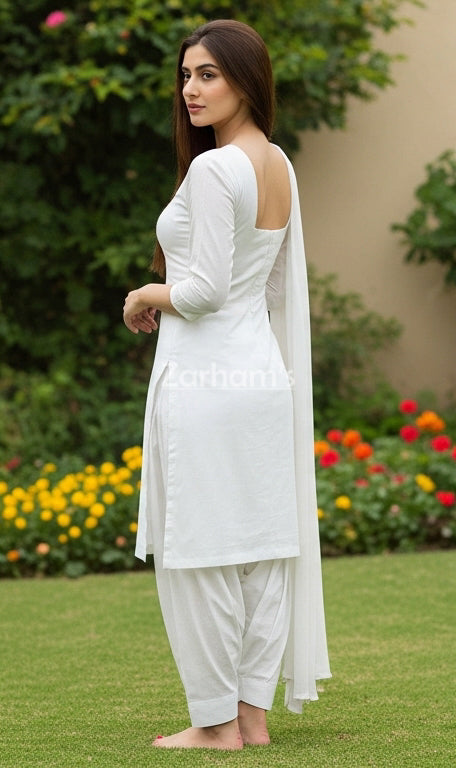 White Full Sleeve Cotton Kamiz Shalwar Suit