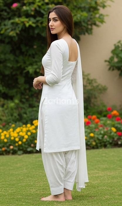 White Full Sleeve Cotton Kamiz Shalwar Suit