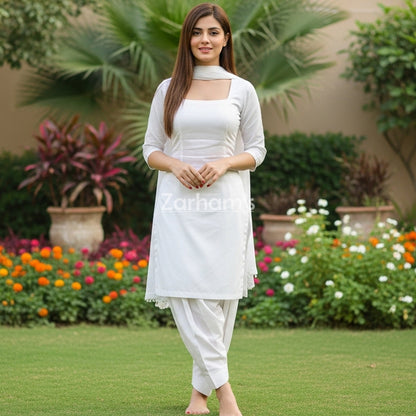 White Full Sleeve Cotton Kamiz Shalwar Suit
