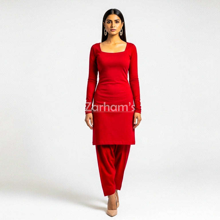 Handmade Cotton Red Sleeveless Kameez Shalwar Suit