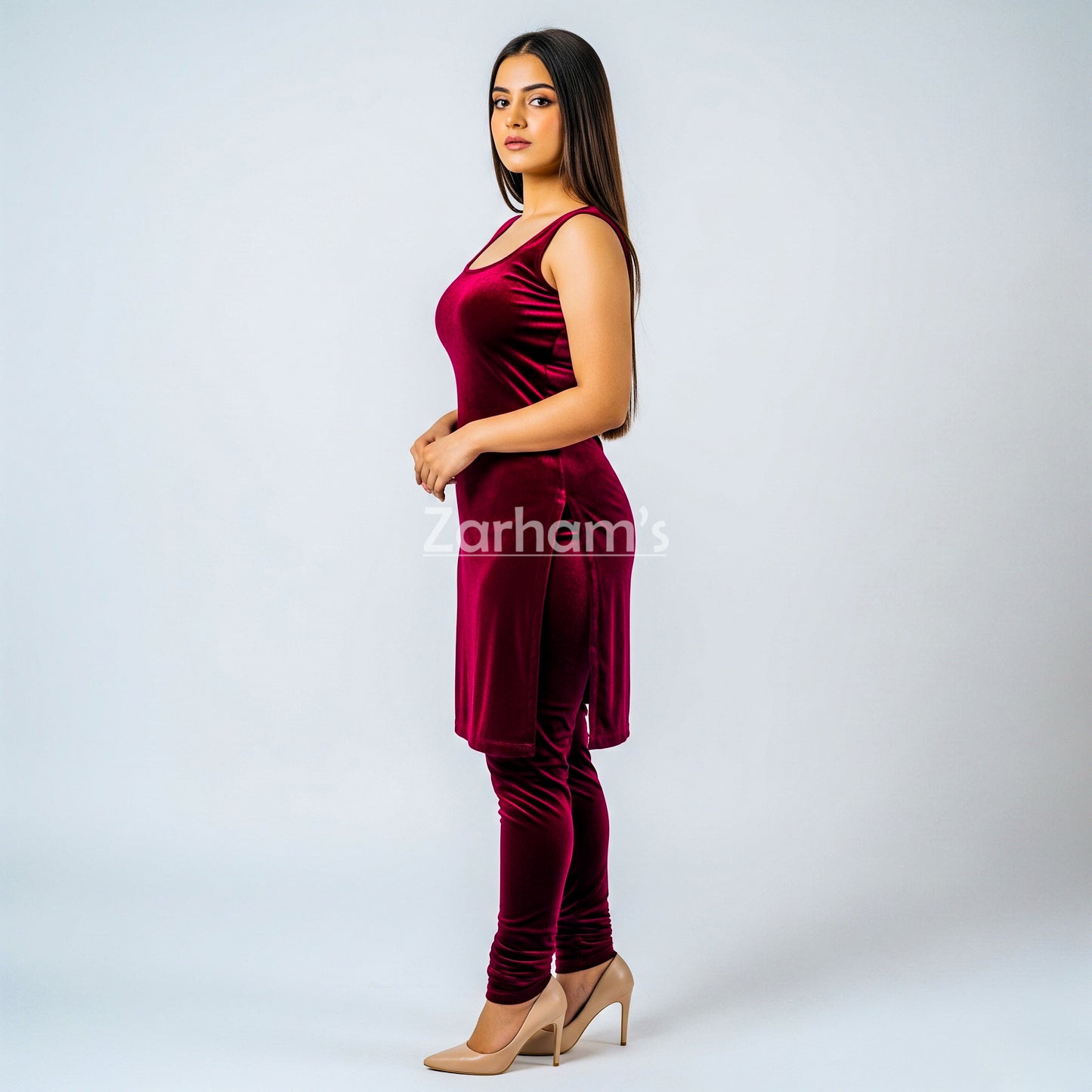 Handmade Velvet Maroon Sleeveless Kameez Shalwar Suit