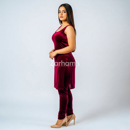 Handmade Velvet Maroon Sleeveless Kameez Shalwar Suit