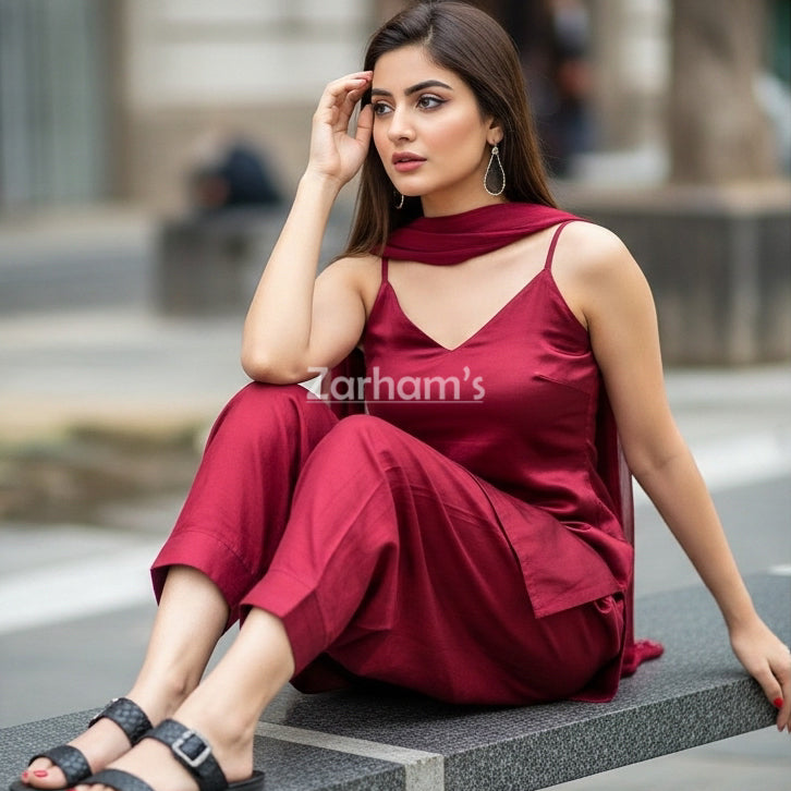 Handmade Maroon Silk Kamiz Shalwar Suit