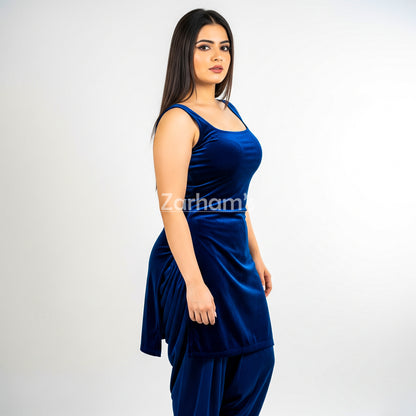 Handmade Velvet Dark Blue Sleeveless Kameez Shalwar Suit