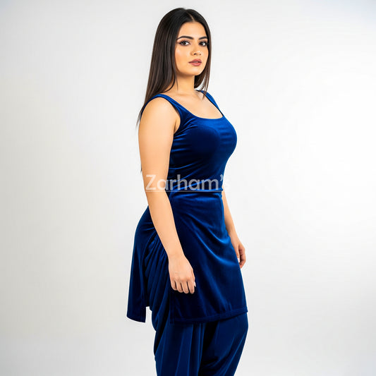 Handmade Velvet Dark Blue Sleeveless Kameez Shalwar Suit