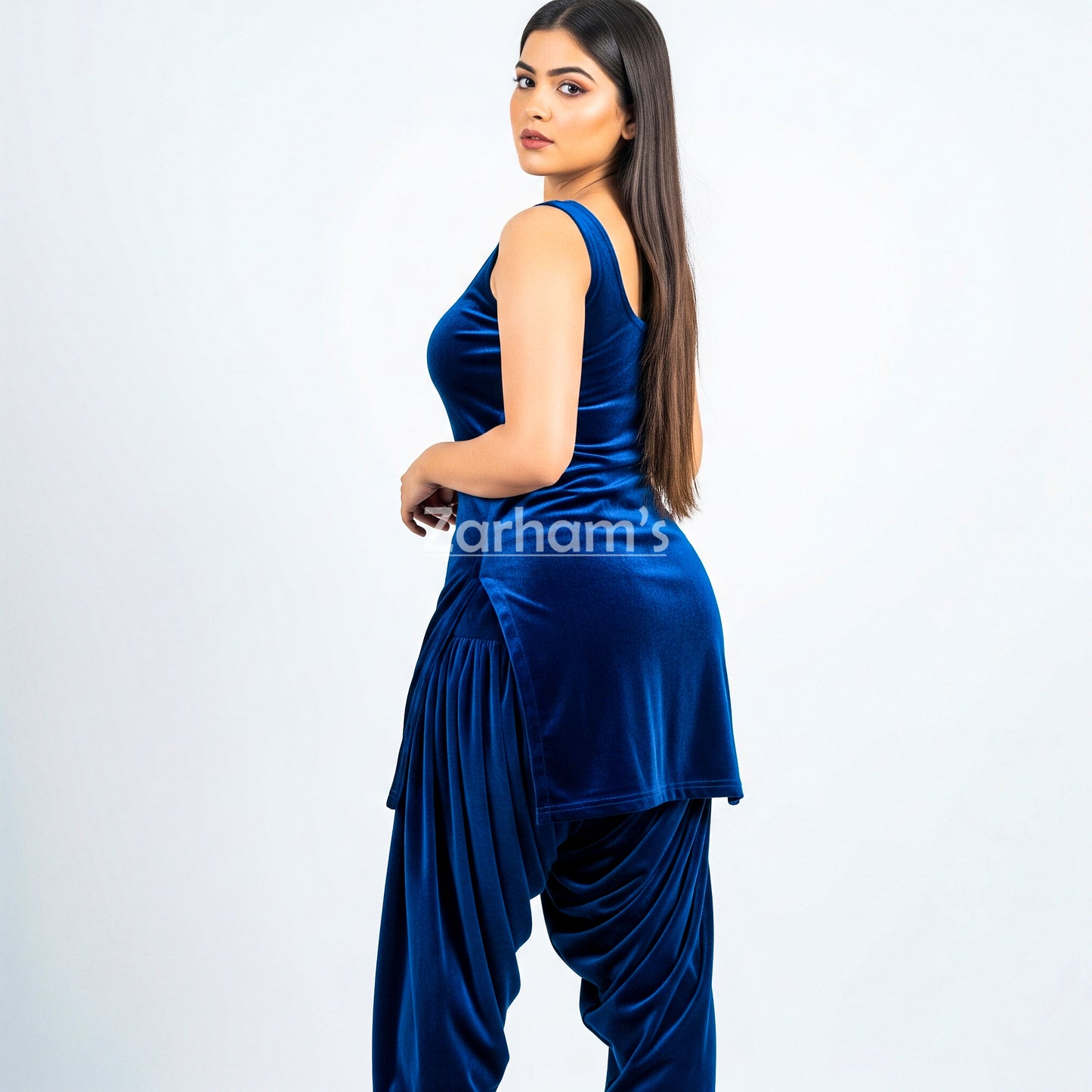 Handmade Velvet Dark Blue Sleeveless Kameez Shalwar Suit