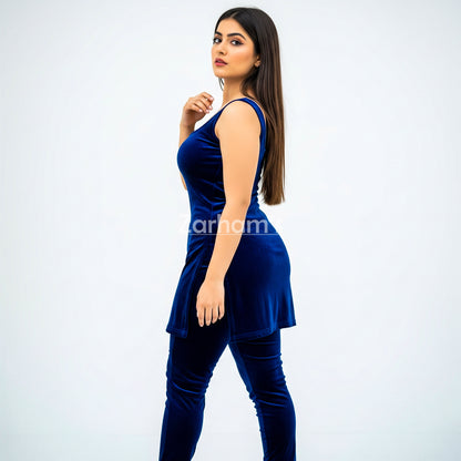 Handmade Velvet Dark Blue Sleeveless Kameez Shalwar Suit