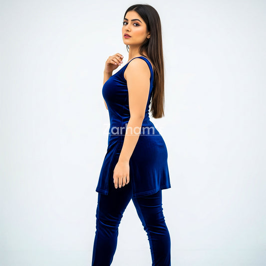 Handmade Velvet Dark Blue Sleeveless Kameez Shalwar Suit