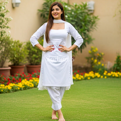 White Full Sleeve Cotton Kamiz Shalwar Suit