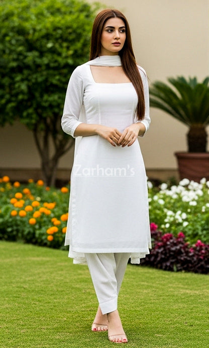 White Full Sleeve Cotton Kamiz Shalwar Suit