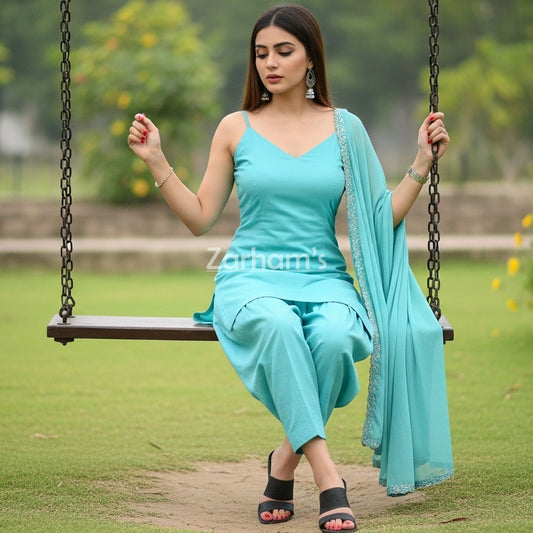 Handmade Turquoise Cotton Kamiz Shalwar Suit