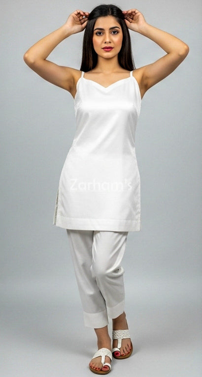 Handmade White Silk Kamiz Shalwar Suit