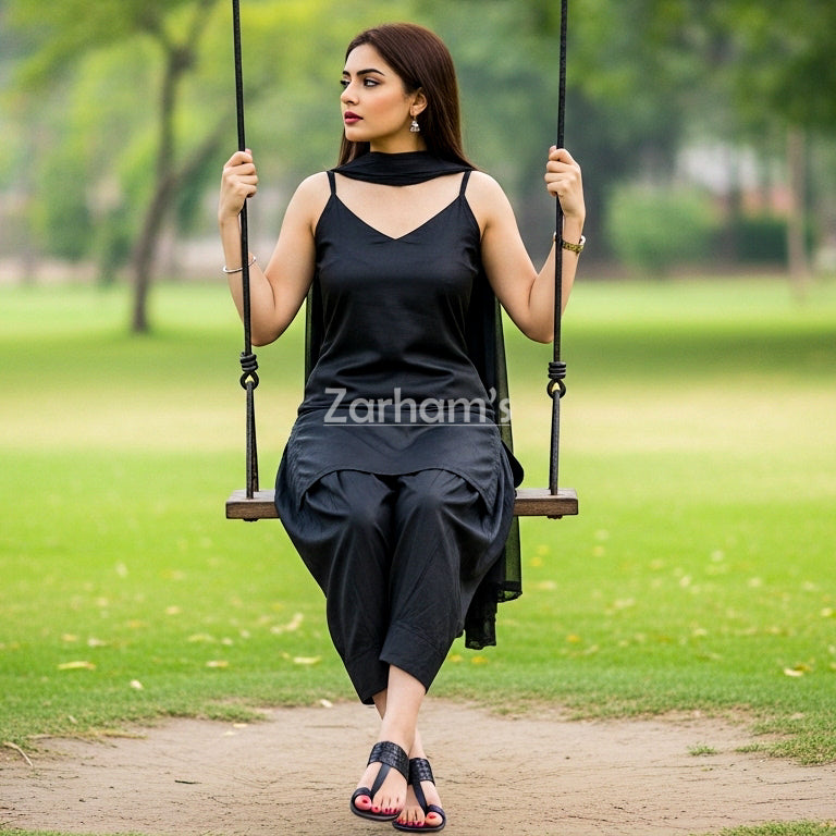 Handmade Black Silk Kamiz Shalwar Suit