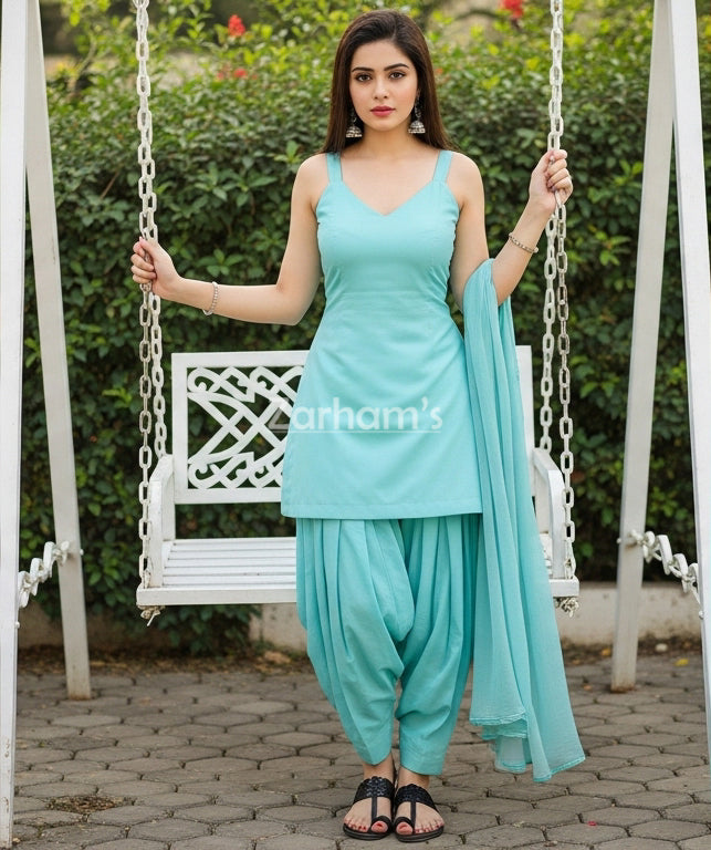 Handmade Turquoise Cotton Kamiz Shalwar Suit