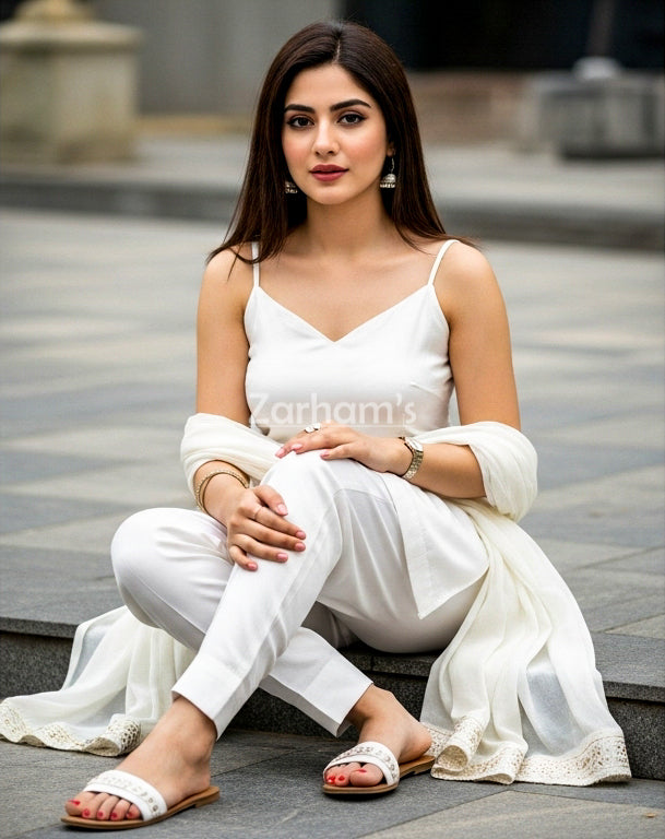 Handmade White Silk Kamiz Shalwar Suit