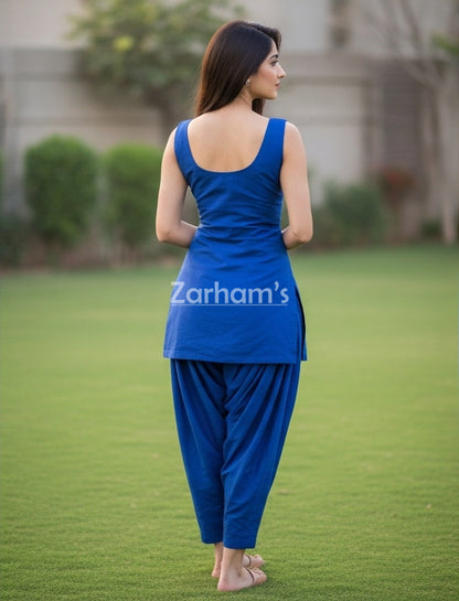 Handmade Dark Blue Cotton Kamiz Shalwar Suit