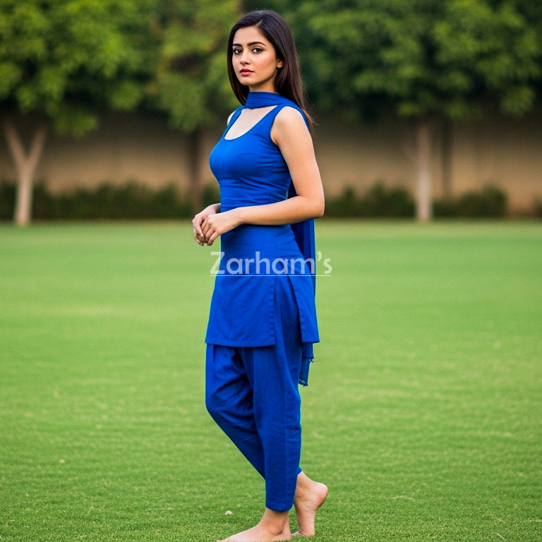 Handmade Dark Blue Cotton Kamiz Shalwar Suit