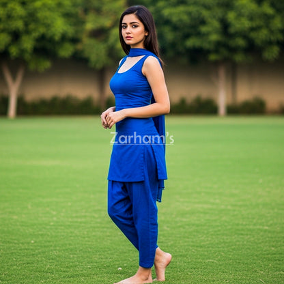 Handmade Dark Blue Cotton Kamiz Shalwar Suit