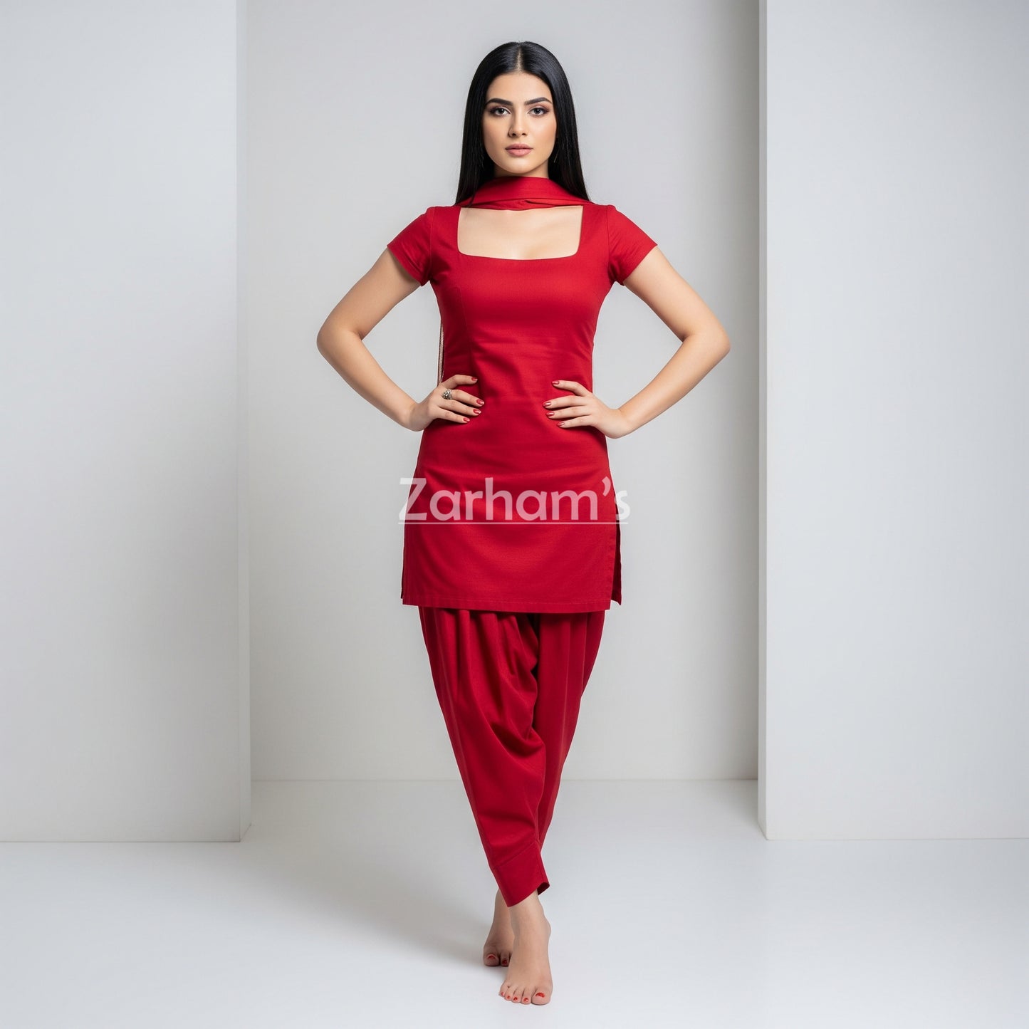 Handmade Red Cotton Kamiz Shalwar Suit