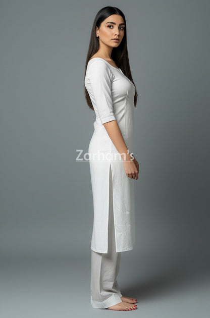 White Full Sleeve Cotton Kamiz Shalwar Suit