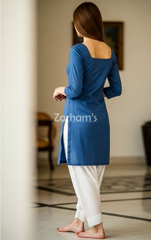 Blue Full Sleeve Cotton Kamiz Shalwar Suit