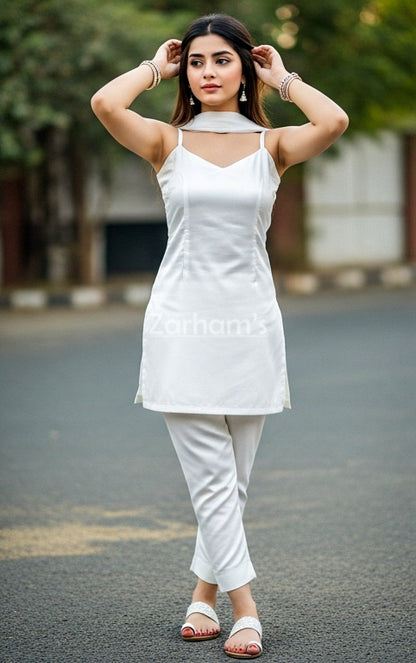 Handmade White Silk Kamiz Shalwar Suit