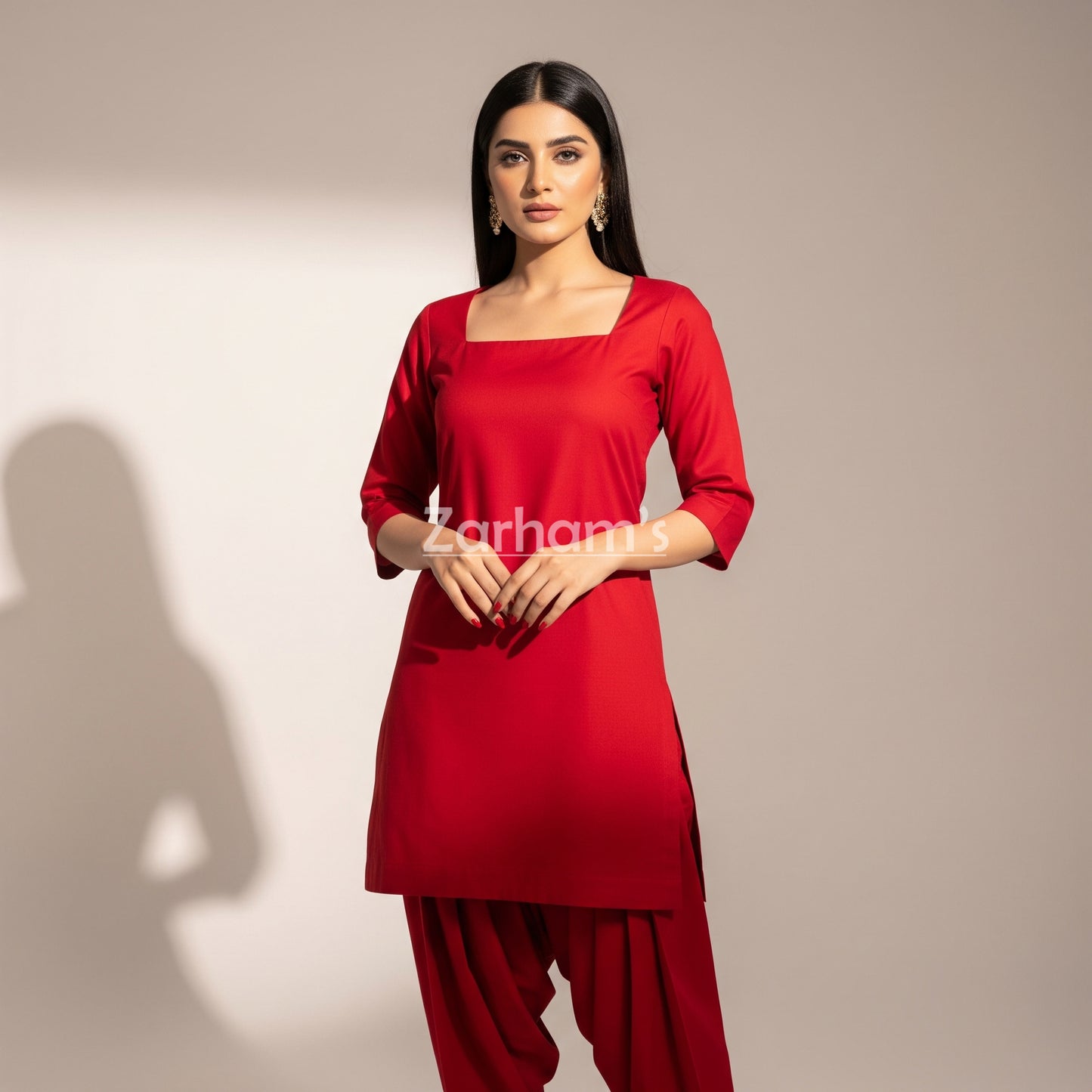 Handmade Red Cotton Kamiz Shalwar Suit
