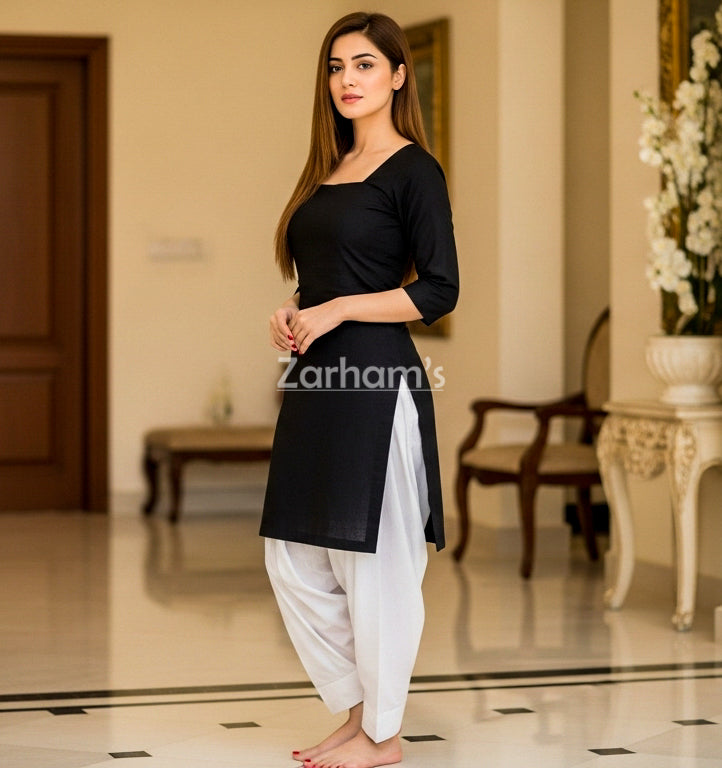 Handmade Kamiz Shalwar Suit Black Kamiz and White Shalwar