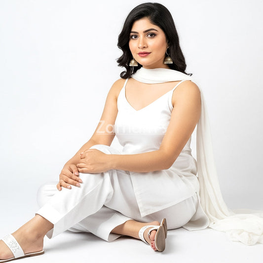 Handmade White Silk Kamiz Shalwar Suit