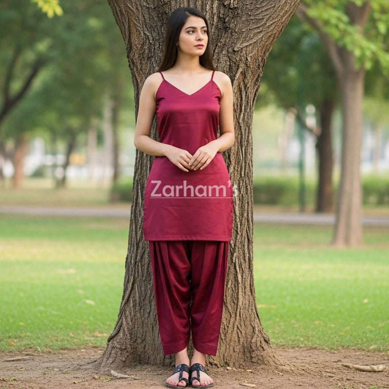 Handmade Maroon Silk Kamiz Shalwar Suit