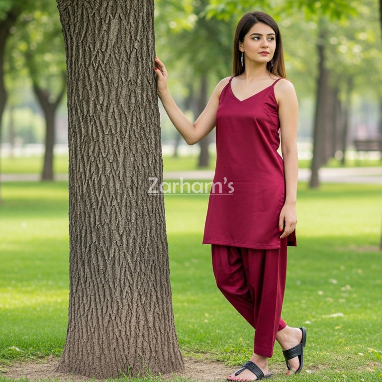 Handmade Maroon Silk Kamiz Shalwar Suit