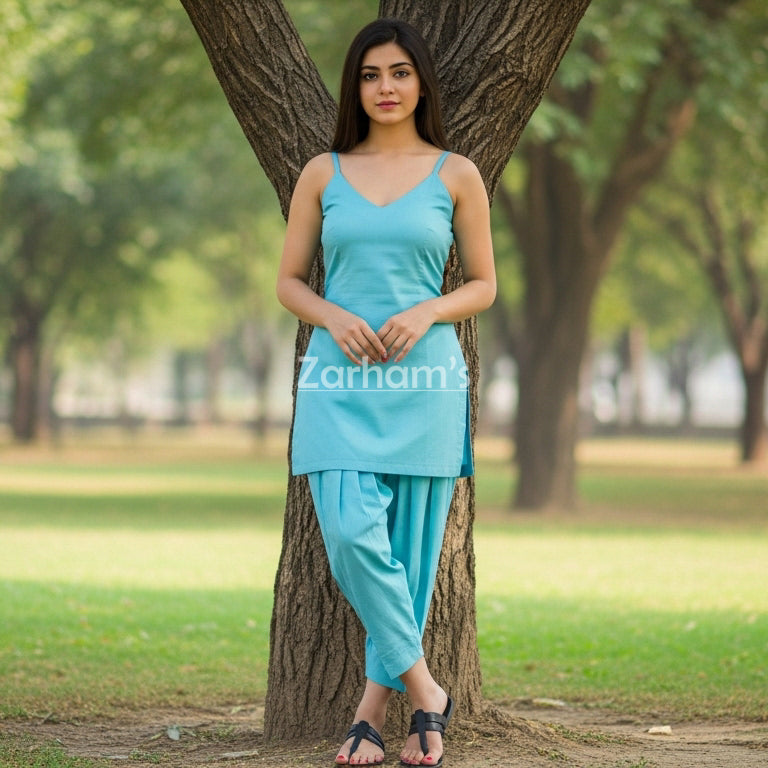 Handmade Turquoise Cotton Kamiz Shalwar Suit