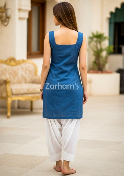 Handmade Sleeveless Kamiz Shalwar Suit Blue Kamiz and White Shalwar