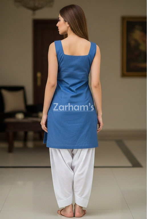 Handmade Sleeveless Kamiz Shalwar Suit Blue Kamiz and White Shalwar
