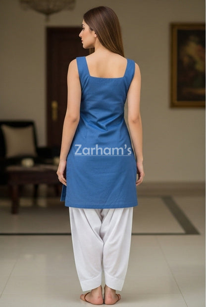 Handmade Sleeveless Kamiz Shalwar Suit Blue Kamiz and White Shalwar