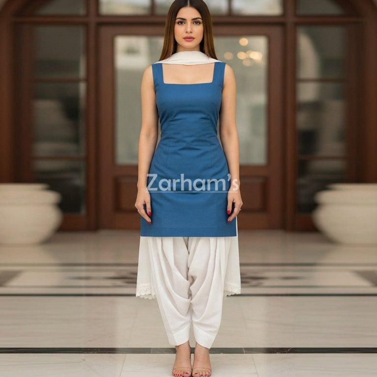 Handmade Sleeveless Kamiz Shalwar Suit Blue Kamiz and White Shalwar