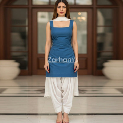 Handmade Sleeveless Kamiz Shalwar Suit Blue Kamiz and White Shalwar
