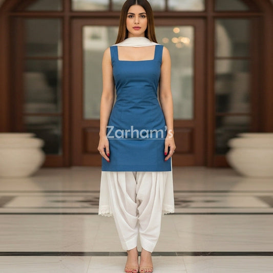 Handmade Sleeveless Kamiz Shalwar Suit Blue Kamiz and White Shalwar