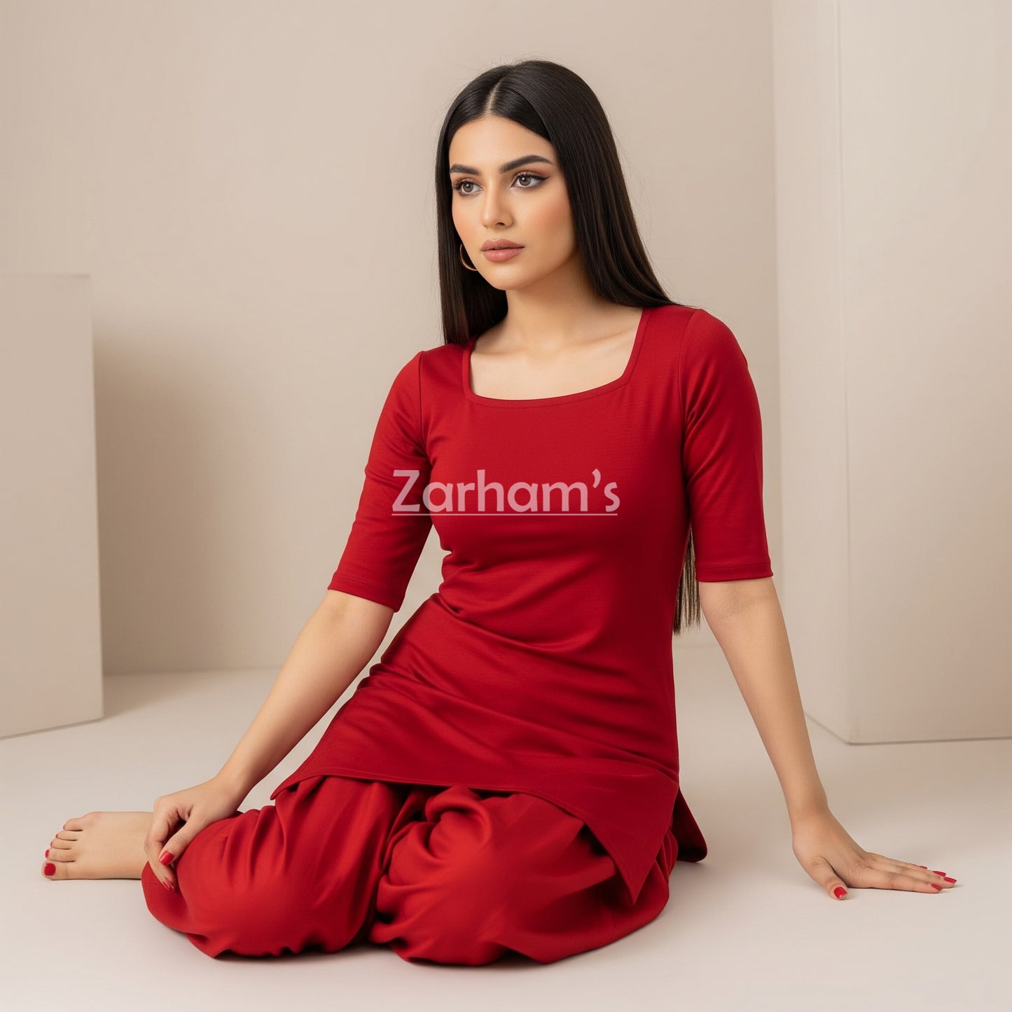 Handmade Red Cotton Kamiz Shalwar Suit