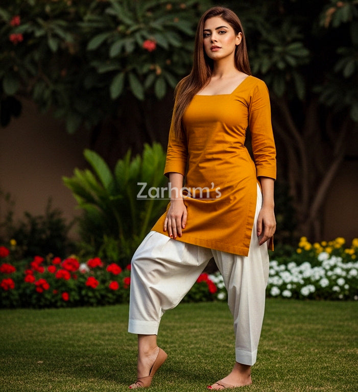 Handmade Kamiz Shalwar Suit Mustard Kamiz and White Shalwar