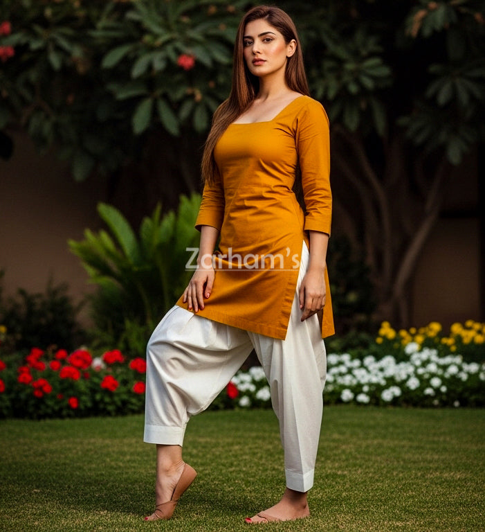 Handmade Kamiz Shalwar Suit Mustard Kamiz and White Shalwar