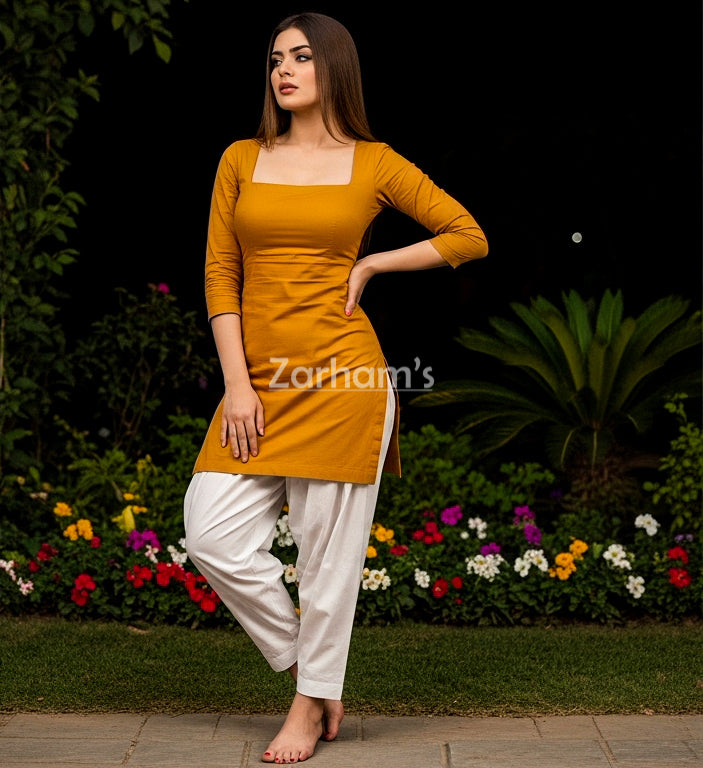 Handmade Kamiz Shalwar Suit Mustard Kamiz and White Shalwar