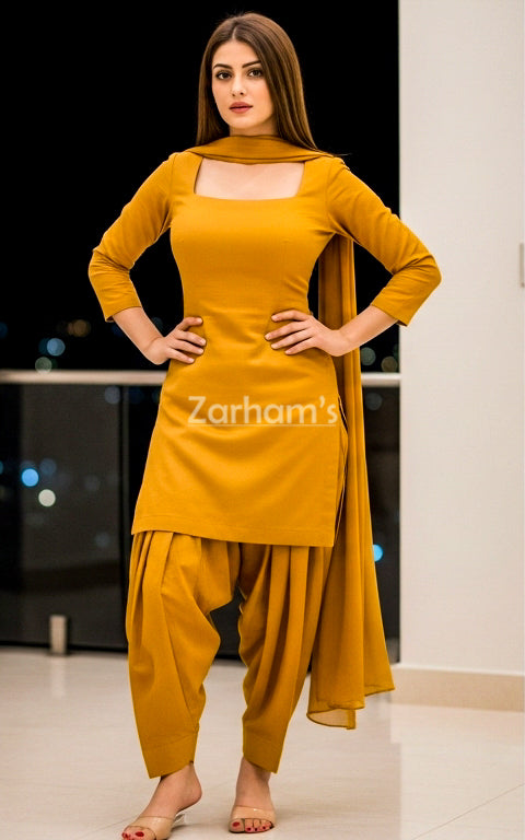 Handmade Cotton Mustard Kamiz Shalwar suit