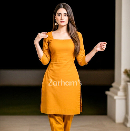 Handmade Cotton Mustard Kamiz Shalwar suit