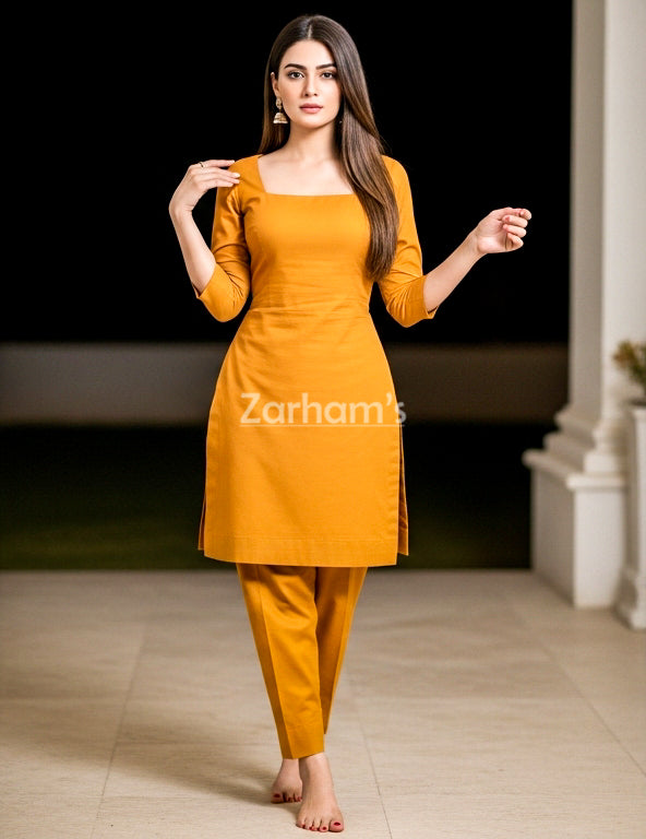 Handmade Cotton Mustard Kamiz Shalwar suit