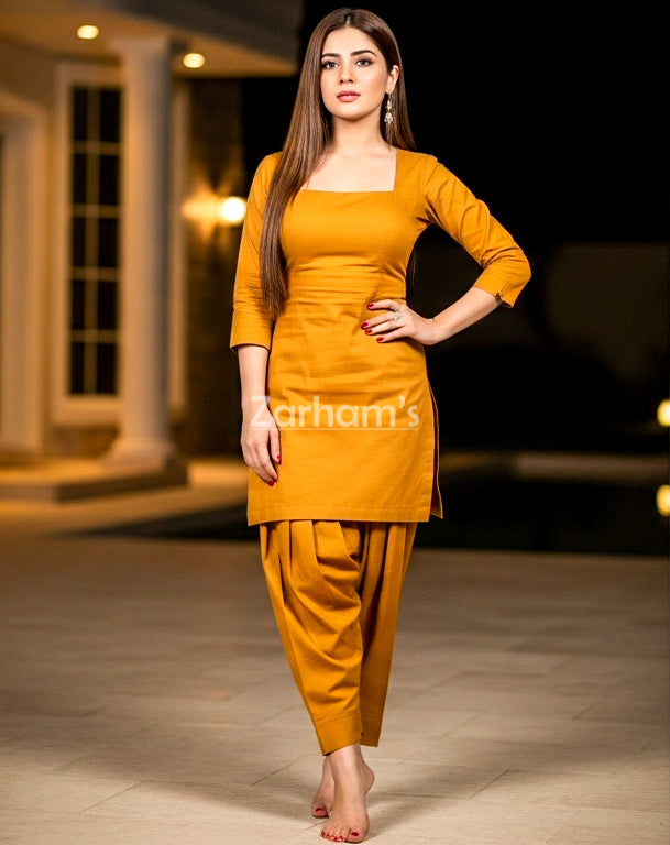 Handmade Cotton Mustard Kamiz Shalwar suit