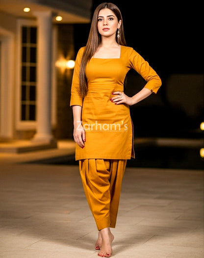 Handmade Cotton Mustard Kamiz Shalwar suit
